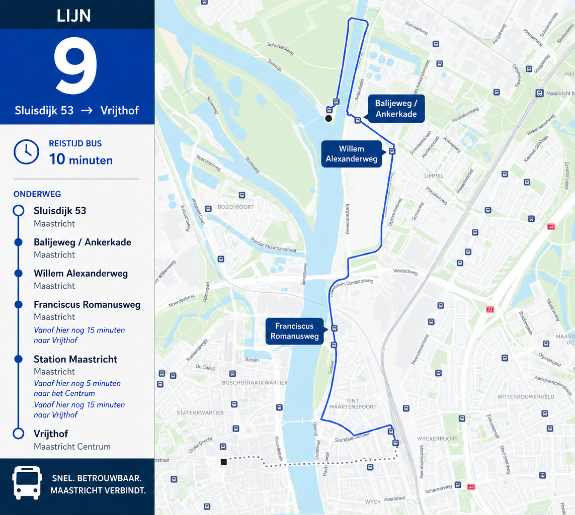 Routekaart van buslijn 9 vanaf Sluisdijk 53 naar het centrum van Maastricht
